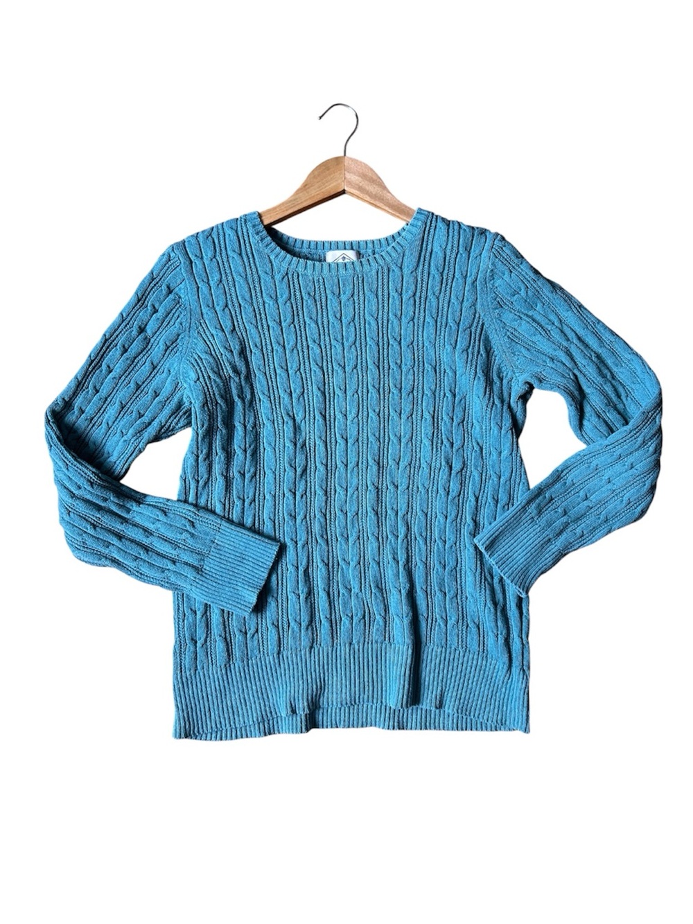 St. John’s Bay Cable Knit Sweater Turquoise Coastal Cotton Crewneck Quiet Luxury